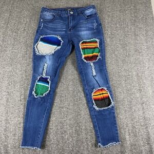 Lucky & Blessed L&B Women's Jeans Sz 12 Distressed Serape Patch Western Boho